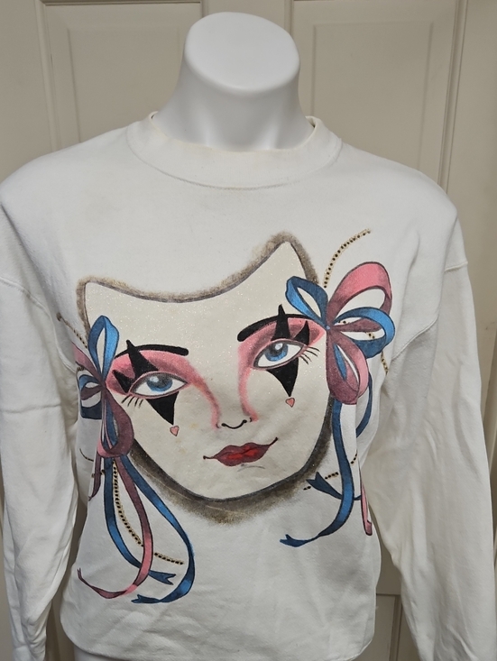 Vintage Tops - Y2k Vintage White Sweatshirt Colorful Pierrot Face Graphic